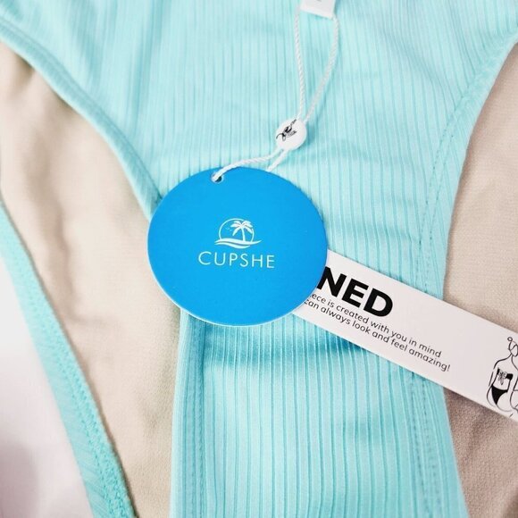 NEW CUPSHE Aqua Blue Nature Trip Classic Hipster Ribbed Bikini Bottom Swim Large - Picture 8 of 12